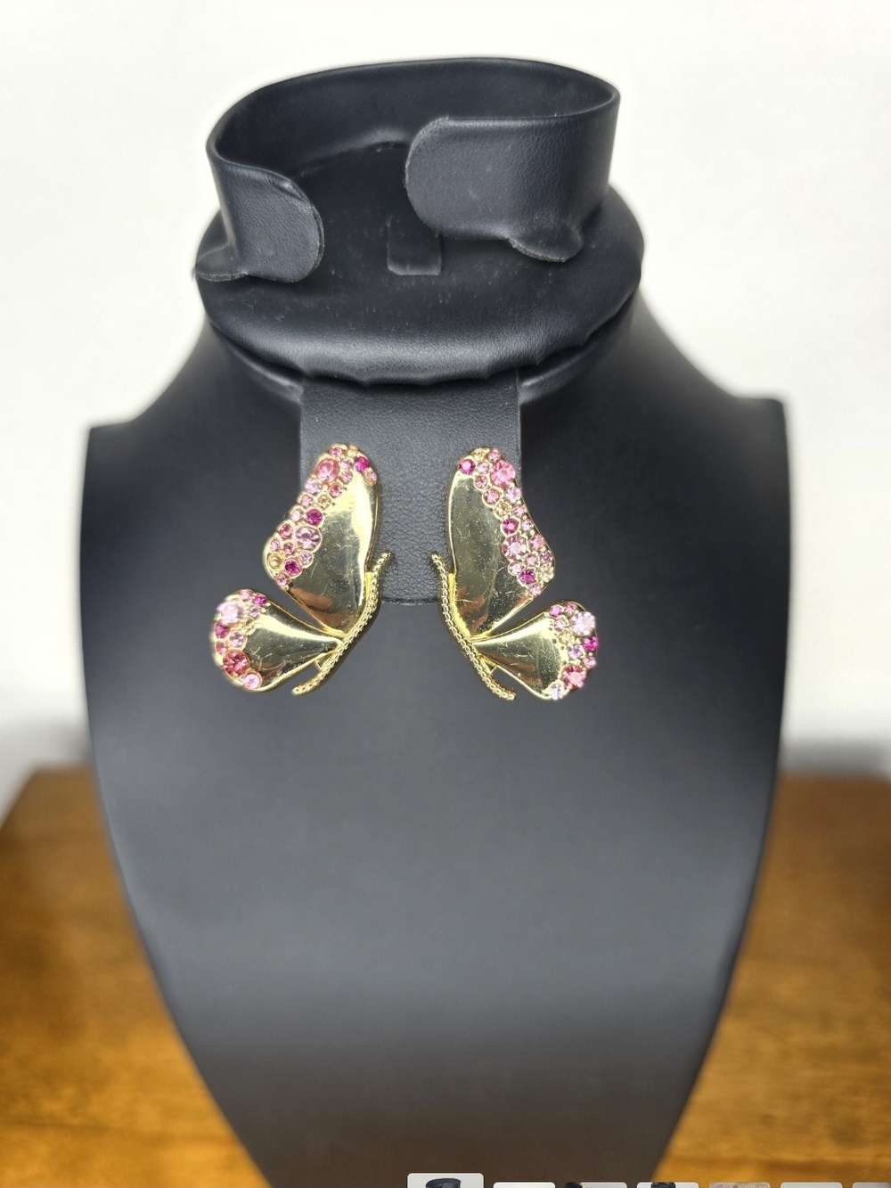 Gold-tone Butterfly Wing Stud Earrings with Pink Rhinestones